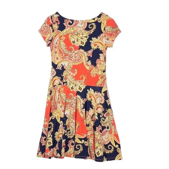 Ralph Lauren Jersey Paisley Orange Navy Blue Fit and Flare Dress Petite Small - Picture 3 of 9